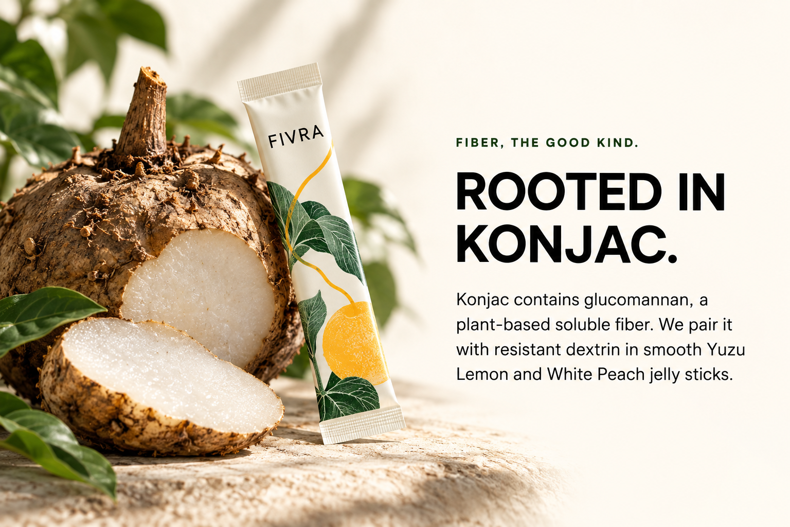 Whole and sliced konjac corm beside a FIVRA jelly stick.