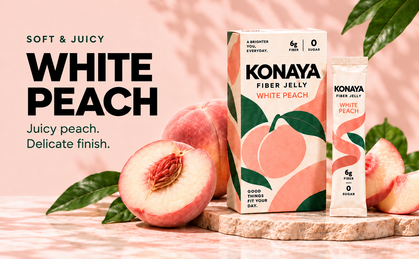 Soft and juicy. White Peach. Juicy peach. Delicate finish. KONAYA White Peach box and matching stick beside fresh peaches on a pink background.