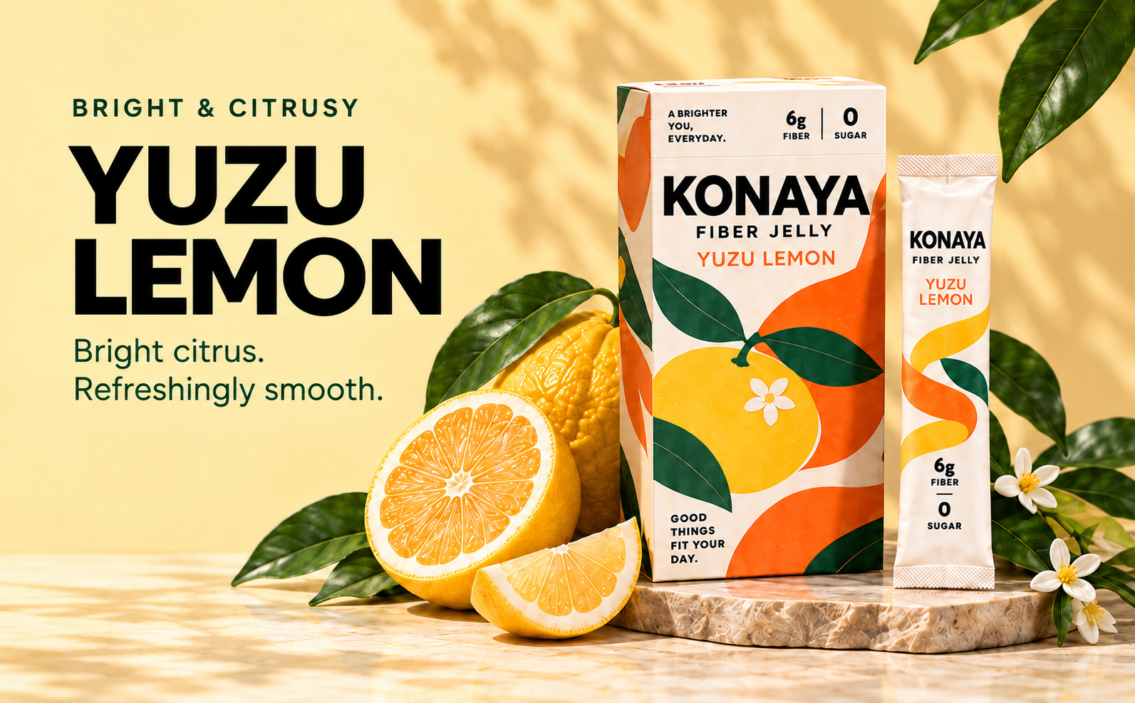 Bright and citrusy. Yuzu Lemon. Bright citrus. Refreshingly smooth. KONAYA box and matching stick with fresh citrus on a yellow background.