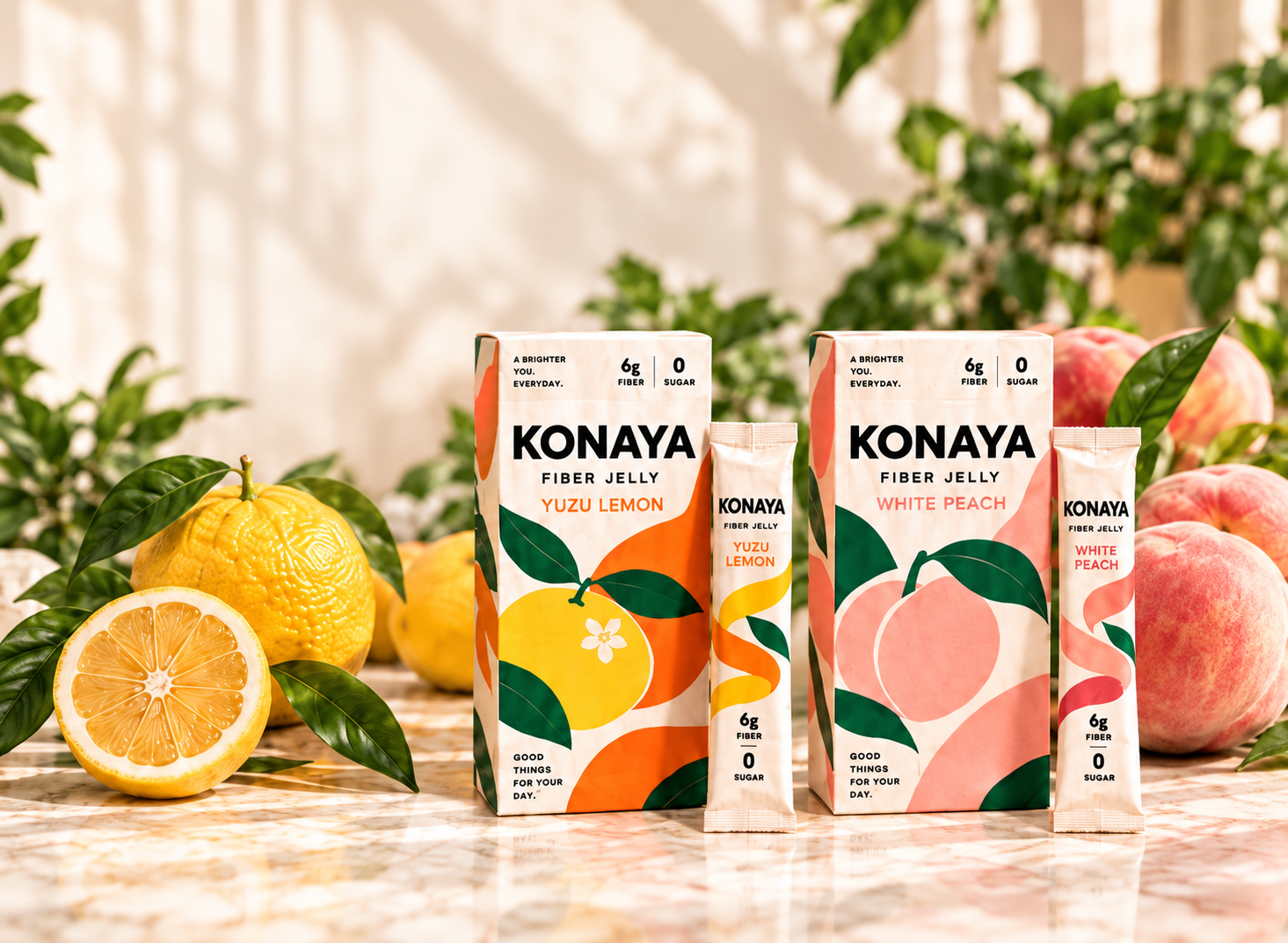 KONAYA Yuzu Lemon and White Peach fiber jelly boxes and sticks with fresh citrus and peaches